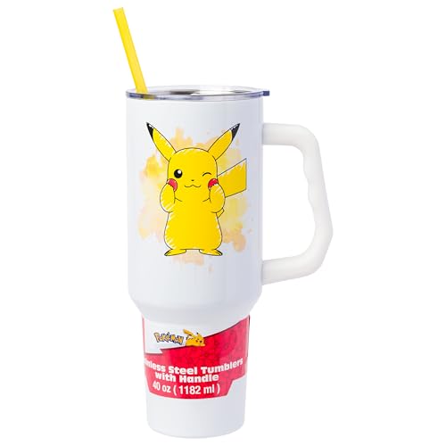 Image of Silver Buffalo Pokemon Double Walled Stainless Steel Tumbler with Handle Featuring Pikachu, Fits in Standard Cup Holder, 40 Ounces