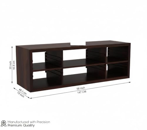 Image of Solid Sheesham Wood TV Unit with 6 Adjustable Shelves Storage - Elegant Wooden TV Unit for Living Room | Fits up to 60-inch TV - Solid Living Room Furniture (John, Walnut Finish)