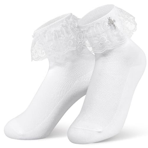 DOORIO Girls First Holy Communion Socks Cotton Frilly White Lace Socks with Cross Charm Communion Accessories