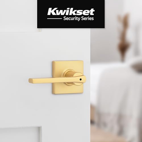 Image of Kwikset Casey Interior Privacy Door Handle with Lock, Door Lever for Bathroom and Bedroom, Satin Brass Reversible Keyless Push Button Lock Door Lever