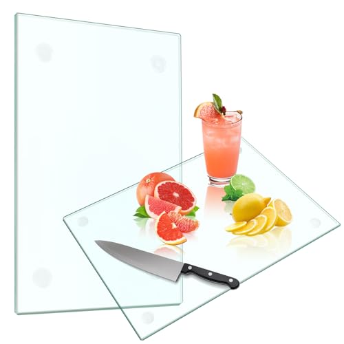Planche à Découper en Verre Trempé pour Cuisine, Transparente pour Plan de Travail, Pieds Antidérapants, Résistante aux Éclats & Chaleur (2 PIÈCES - 20...