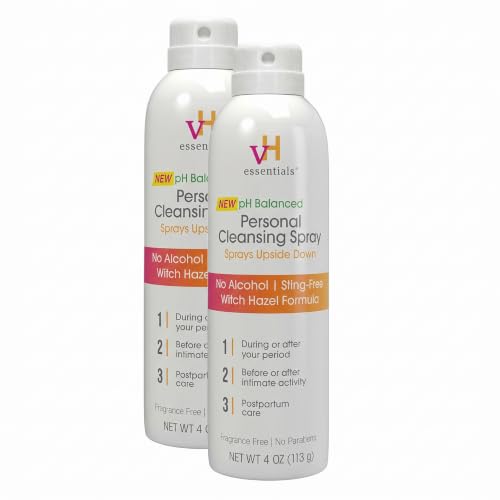 vH essentials Personal Cleansing Spray, pH Balancing Lactic Acid, Sting-Free, Witch Hazel Formula, Fragrance free, Paraben free, Sprays upside down for easy external intimate cleansing, 4 floz