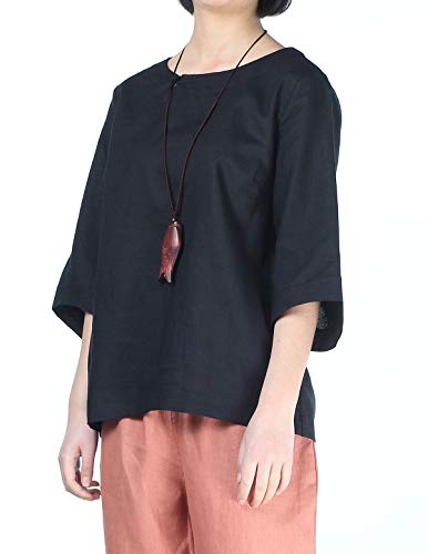 Minibee Women's Linen Blouse Round Neck 3/4 Sleeve Shirt Tops with Chinese Frog Button2