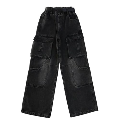 Girls Baggy Wide Leg Cargo Jeans Black Distressed Elastic High Waist Jeans with Pockets Casual Baggy Denim Pants