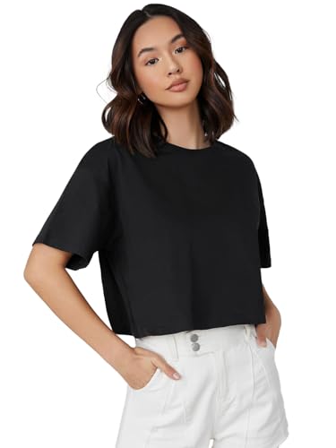 Image of KOTTY Women's Solid Cotton Blend Oversized Crop T-Shirt | Casual Summer Tee