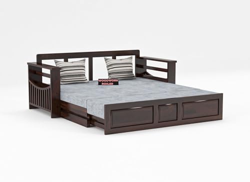 Image of Solid Sheesham Wooden Sofa Cums Bed with Mattresses for Living Room|Rosewood 3-Person Sofa Cums Bed for Bedroom Without Pillow (E-Walnut Finish)