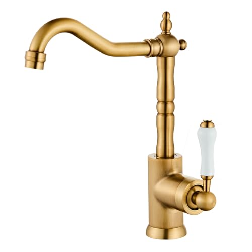 Torneira de pia de cozinha de latão antigo, cabo único, torneira de bar vintage, torneira misturadora de orifício único, com rotação de 360 °, longo curvo, torneira molhada de latão