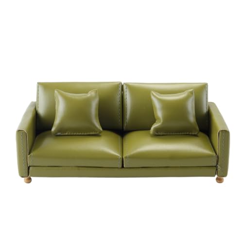 Hoite Canapé miniature en cuir pour maison de poupée – Canapé deux places moderne avec coussins, mobilier de luxe pour salon et chambre (vert)
