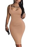 LAGSHIAN Women's Sexy Bodycon Tank Dress Sleeveless Basic Midi Club Dresses Camel