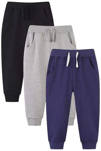 BINPAW 3 Pack Toddler Boys Sweatpants Cotton Drawsting Elastic Waist Jogger Pants Cool Athletic Pants for Kids C- Black, Grey, Dark Blue 3-4 T