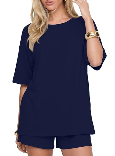 Image of Darong Women's 2 Piece Shorts Set Loungewear | oversized tshirts,crew neck top,drawstring shorts,elastic waist, side pockets,summer travel outfits