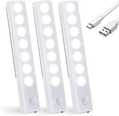JXJMEI Motion Sensor Under Cabinet Lights, USB-C Rechargeable LED Closet Lighting, Ultra Thin Magnetic Light for Kitchen, Wardrobe, Cupboard (3 Pack)