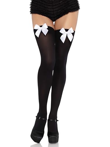 Leg Avenue Womens Satin Bow Accent Thigh Highs, O/S, Black/White