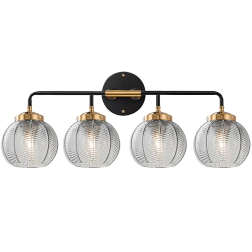 Image of 4-Light Bathroom Vanity Light Black Wall Light Sconces with Smoky Gray Glass Shade Mid Century Bathroom Wall Lights Fixtures Modern Vanity Lamp for Over Mirror Living Room Cabinet