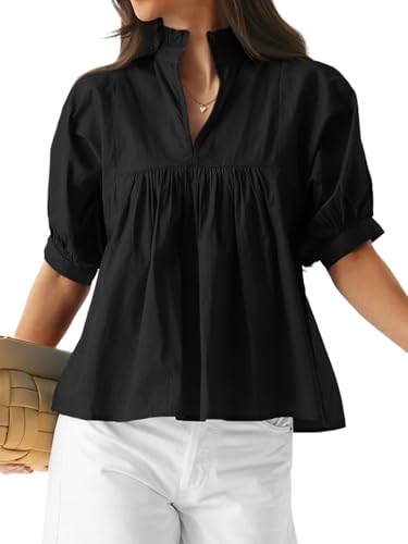 Cicy Bell Womens Puff Sleeve V Neck Blouse Babydoll Peplum Tops Dressy Casual Pleated Loose Fit Shirts