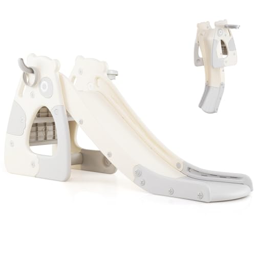 COSTWAY 4 en 1 Toboggan Enfant Pliable en HDPE avec Panier de Basket & Jeu de Lancer d'Anneaux, Aire de Jeux Intérieure en Forme Panda avec Échelle, Charge...