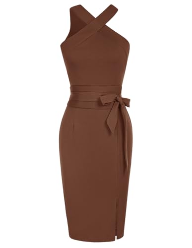 GRACE KARIN CL1586S23 Vestido para mujer con cuello halter, sin mangas, cintura definida, ajustado a la figura y envolvente en la cadera, con cinturón, café, XL