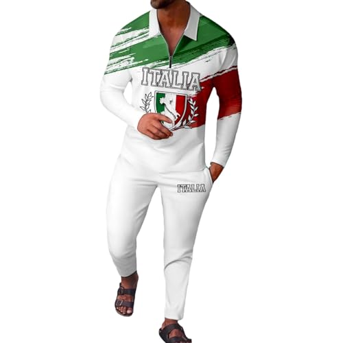 Munweiyu Chándal para hombre con bandera de Italia, traje de jogging con estampado de 2 piezas, solapa de manga larga, con cremallera, polo y pantalones de chándal, ropa deportiva, traje de casa
