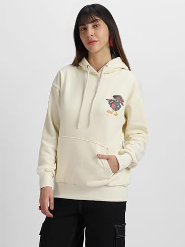 Image of JUNEBERRY Cotton Poly Fleece Oversized Fit Black, Green, Magenta, Mustard, Orange, Purple, Blue, Off White & Grey Graphic Printed Full Sleeve Hoodie for Women