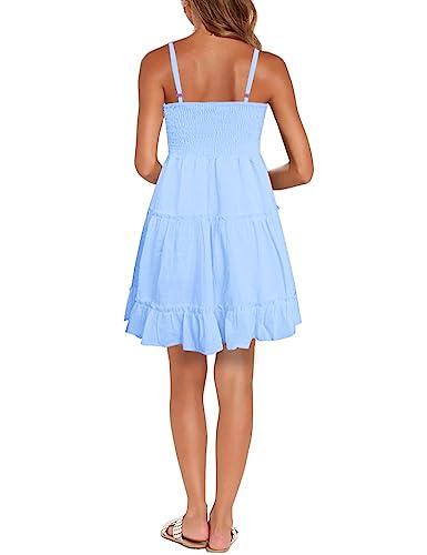 Image of FANCYINN Women Floral Casual Tiered Mini Dresses Spaghetti Strap V Neck Backless A Line Swing Short Dress with Pockets