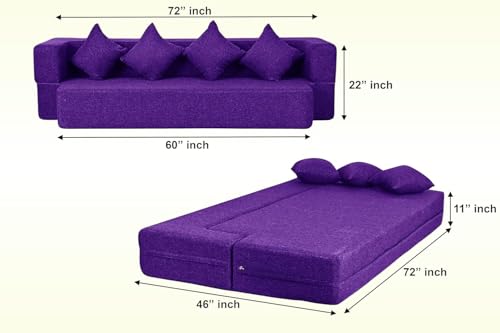 Image of Rosebell Flipper Three-Seater | 70 X 46 X 9 | Foldable Sofa Cum Bed with Washable Fabric Four Cushions - Purple Color