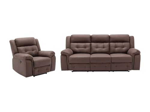 Vente-unique - Canapé 3 Places et Fauteuil Relax électrique en Microfibre Aspect Cuir Vieilli Marron ORTIANO
