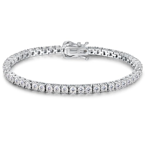 5.1CT/5.5CT Moissanite Tennis Bracelet for Women, 3mm White Gold Plated S925 Sterling Silver D Color VVS1 Round Cut Moissanite Bracelets Jewelry Gift, Size 6.5Inch/7Inch