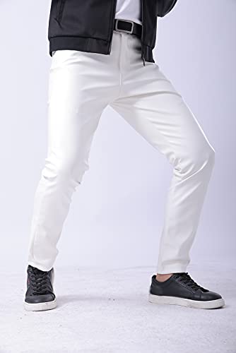 Men`s Summer Business Thin Slim Fit PU Dress Faux Leather Pants Jeans White/303