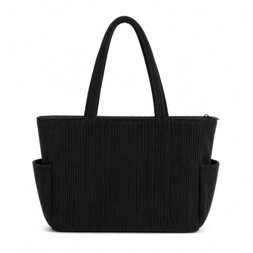 Image of Kawn Korean Tote Bag Aesthetic Corduroy Canvas Handbag for Women Zipper Casual Large Capacity Shoulder Bag with Pockets Versatile Everyday use for College Work Travel & Shopping