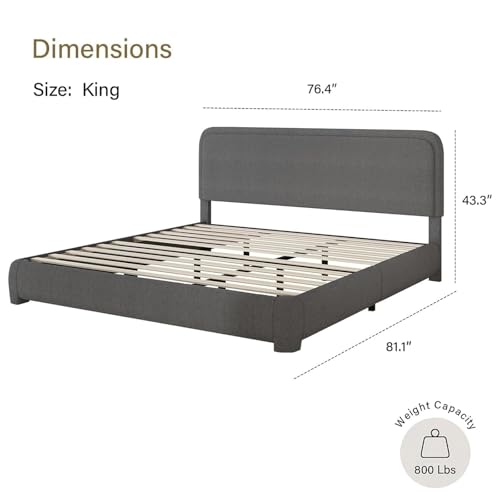 King Size Upholstered Bed Frame with Headboard, Boucle Fabric, Modern Dark Grey, No Box Spring Required, Easy Assembly