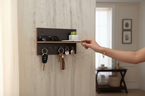 Image of CAPIO ART Wooden Key Holder for Wall with Shelf, Dark Walnut Finish | 6 Hooks, Wall Mounted, 9 x 6 Inch, Multipurpose Organizer
