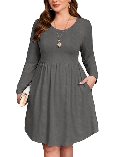 Image of AusLook Women's Plus Size Long Sleeve Midi Dress Casual Empire Waist Loose Flowy Dresses A-Line Boho Long Dress with Pockets