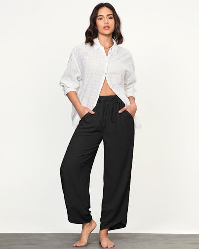 GRAPENT Linen Pants Women High Waisted Wide Leg Casual Beach Pull On Elastic Waist Summer Cropped Pants with Pockets4