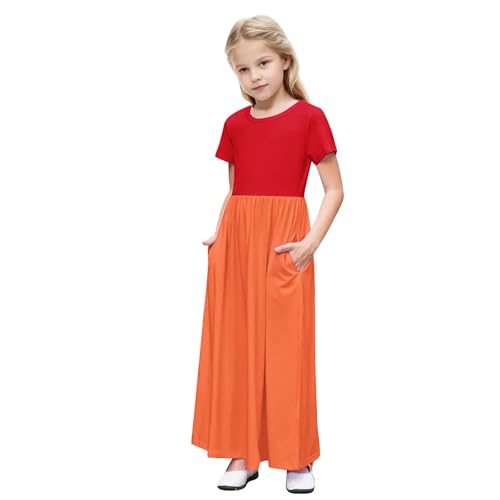 Girls Maxi Dress Casual Short Sleeve Holiday Long Dresses Trendy Color Block Basic Crewneck Party Dress with Pockets