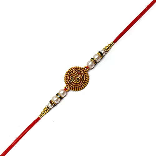 Nupur Studios Handwork - OM-Pearl-Diamond Ring-Rakhi for Brother/Bhaiya/Bhai/Kids with Free Roli Chawal for Celebration 𝒪𝒻 Rakshabhandhan(1 PCS Rakhi)