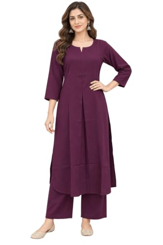 Image of idaLia Rayon Solid Straight Brown Kurta Set for Women with Palazzo 3 /4 Sleeve, Round V Neck Designer Kurta with Palazzo Pant Set