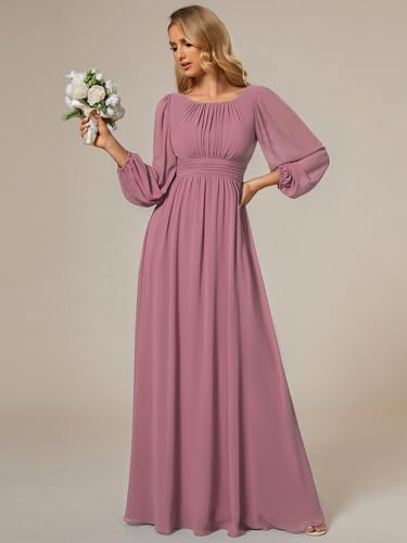 Image of Ever-Pretty Women's Crewneck Long Lantern Sleeves Floor Length A-Line Pleated Chiffon Formal Dress 0106B