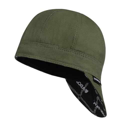 Image of ARCCAPTAIN Reversible Welding Cap, 8 Panel Protective Welders Cap, 10 oz Fireproof Cotton Comforts for Safety and Protection While Welding to Men Women, Olive Green, 7 1/2