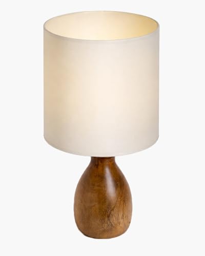 Image of Homesake Wooden Table Lamp Bedside & Living Room Lamp | E27 Holder, Bulb Included | Warm Light | Desk Nightstand Light, Decorative Lamp for Bedroom, Study & Home Decor (KD Off-White Drum)