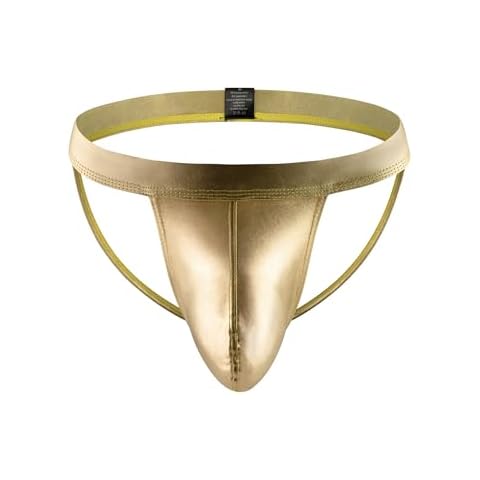 comeondear Men's Jockstrap Underwear Faux Leather Thong Underwear G-String with Pouch Butt-Flaunting Gym Low Rise Brief Gold Cover