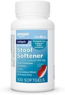 Amazon Basic Care Stool Softener Laxative, Docusate Sodium 100 mg, Softgels, 100 Count