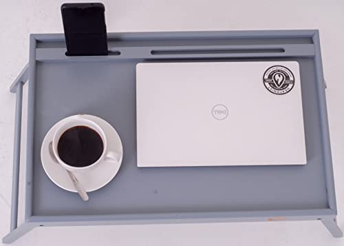 Bamboo Wooden Breakfast Serving Tray Bed Tray Table With Folding Legs | Breakfast Tray for Bed, Eating, Dinner, Sofa, Working, Reading Slot For Phone Tablet Snack Tray Ideal Laptop Desk Table (Grey)