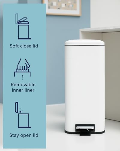 8 Gallon Square Trash Can with Lid, White Kitchen Trash Can with Soft Close, Stainless Steel Pedal 30 Liter Garbage Can for Home, Kitchen, Laundry Room, Office, Bedroom, Bathroom