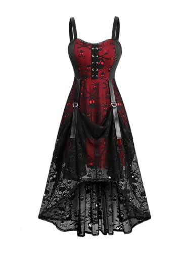 ROSE GAL Women Plus Size Gothic Steampunk Halloween Costume Dress Skull Mesh Lace Up Maxi Sleeveless Dress(Red/4X)