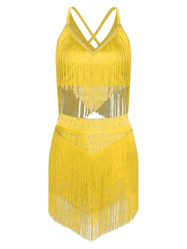 JEATHA Quasten Latin Dancewear Damen Salsa Samba Ballsaal Fransenkleid Rock und Top Set Wettbewerb Performance Tanzkleid Kostüme Gelb M