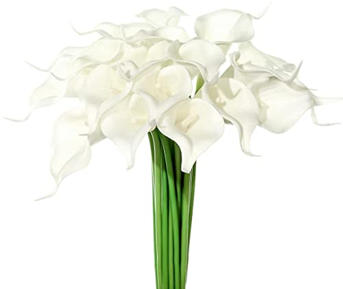Justoyou Bouquet de fleurs artificielles en latex, 20 lys calla, toucher réaliste, fleurs pour bouquets de mariage, maison, hôtel, jardin, Tissu, blanc, 20PCS Cover