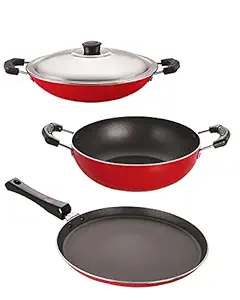 Nirlon Non-Stick Aluminium Cookware Set, 3-Pieces, Red & Black