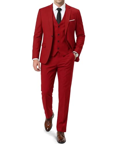YND Men's 3 Piece Slim Fit Suit, One Button Solid Jacket Vest Pants Set with Tie, for Wedding Party Proms and Business, Red