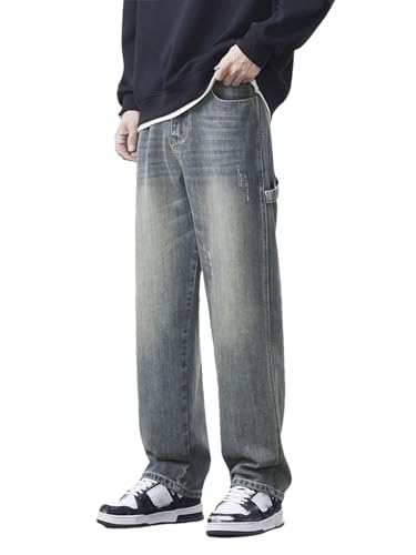 Men Straight Cargo Jeans Splicing Casual Vintage Pants Large Pocket Denim Trousers