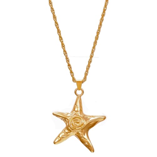 Starfish Necklace for Women Gold Star Swirl Pendant Necklace Summer Beach Ocean Shell Necklace Starfish Seashell Charm Necklace Trendy Vacation Star Jewelry